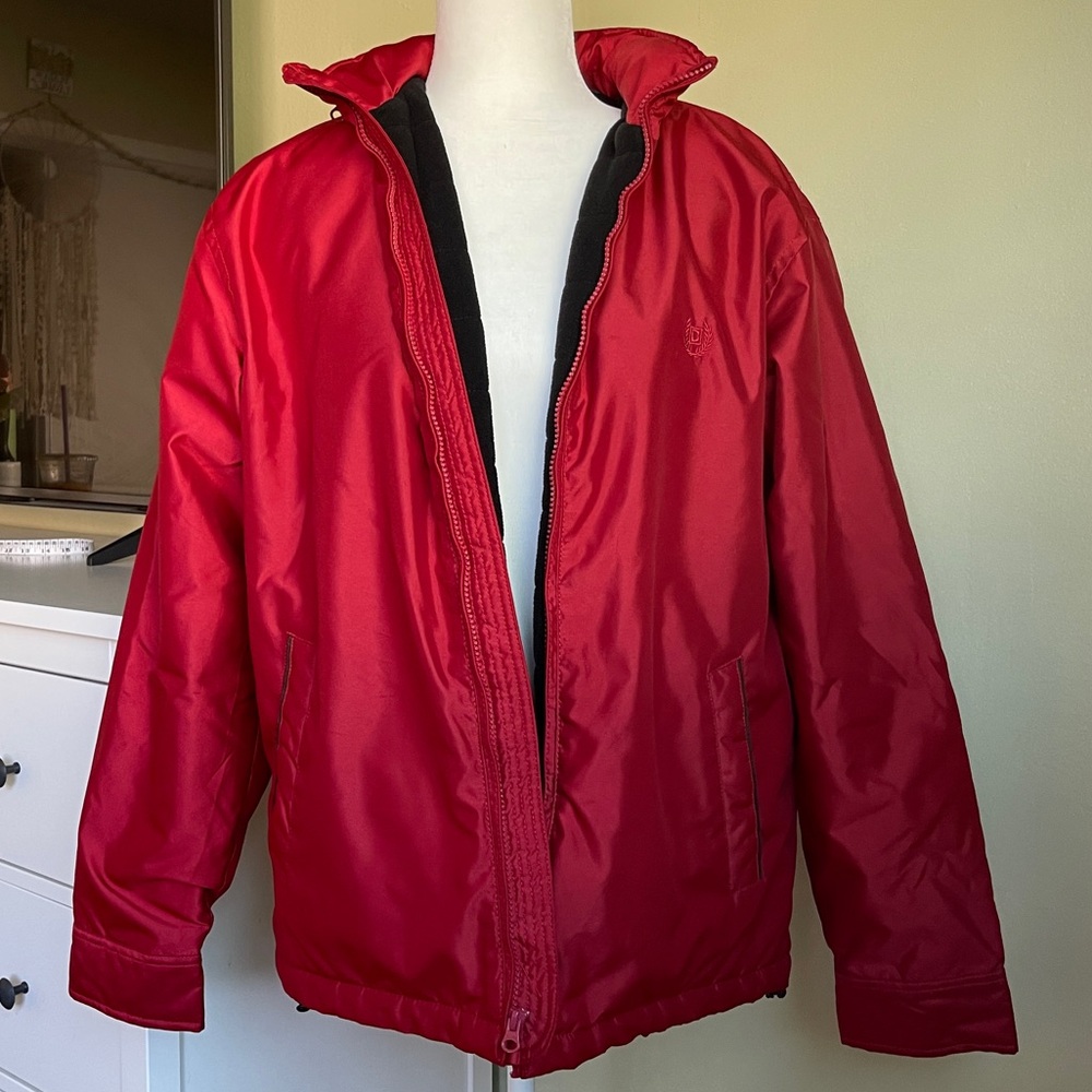 Chaps Men’s Red Fleece Lined Men’s Puffer Jacket with Hidden Hood